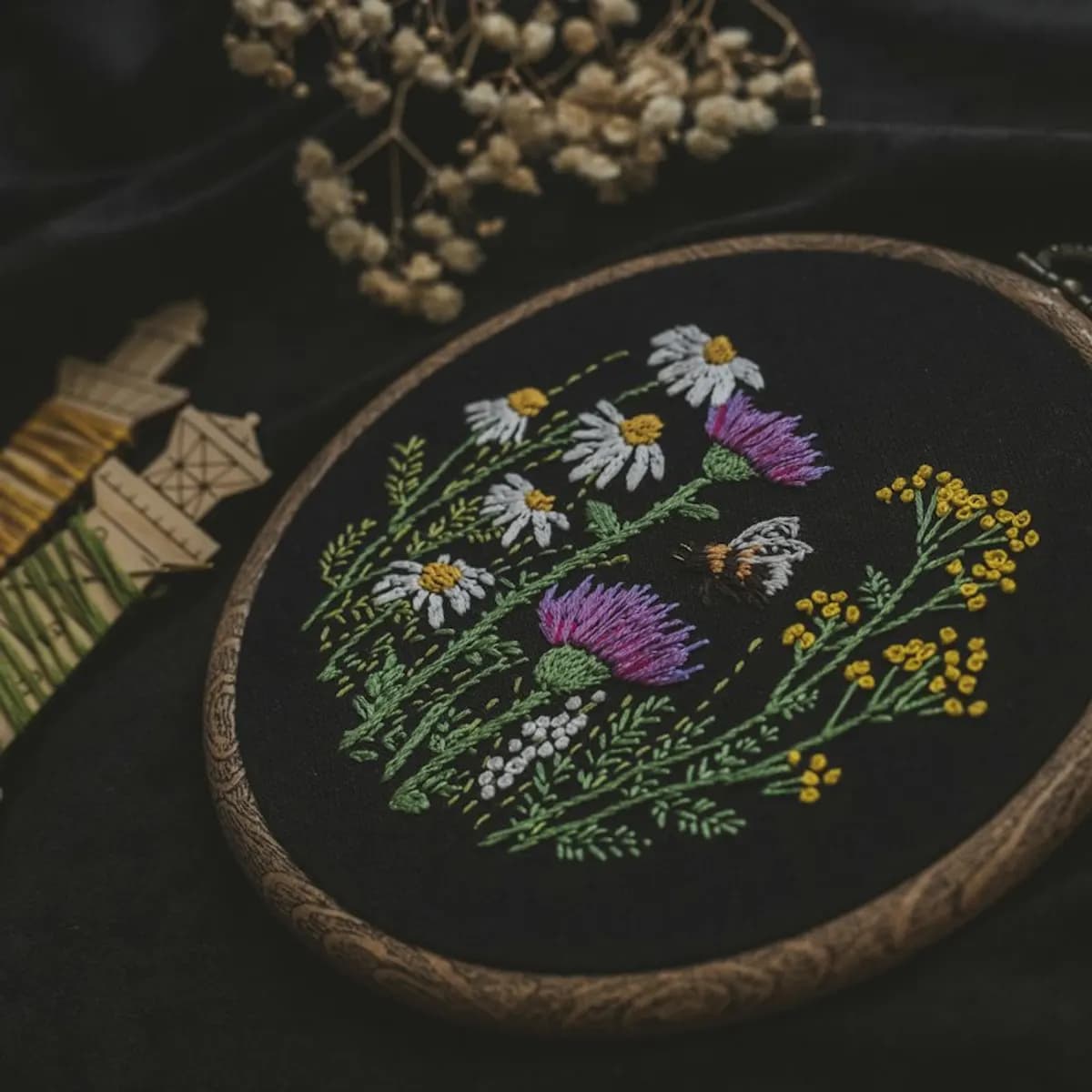 Hand-Embroidered Floral Hoop Art